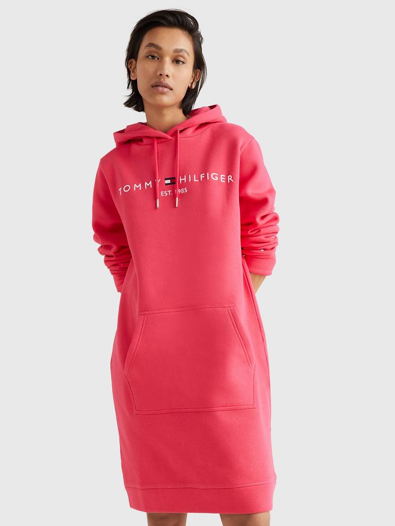 Női Tommy Hilfiger Logo Hoodie Dresses Rózsaszín | HU 101HAP